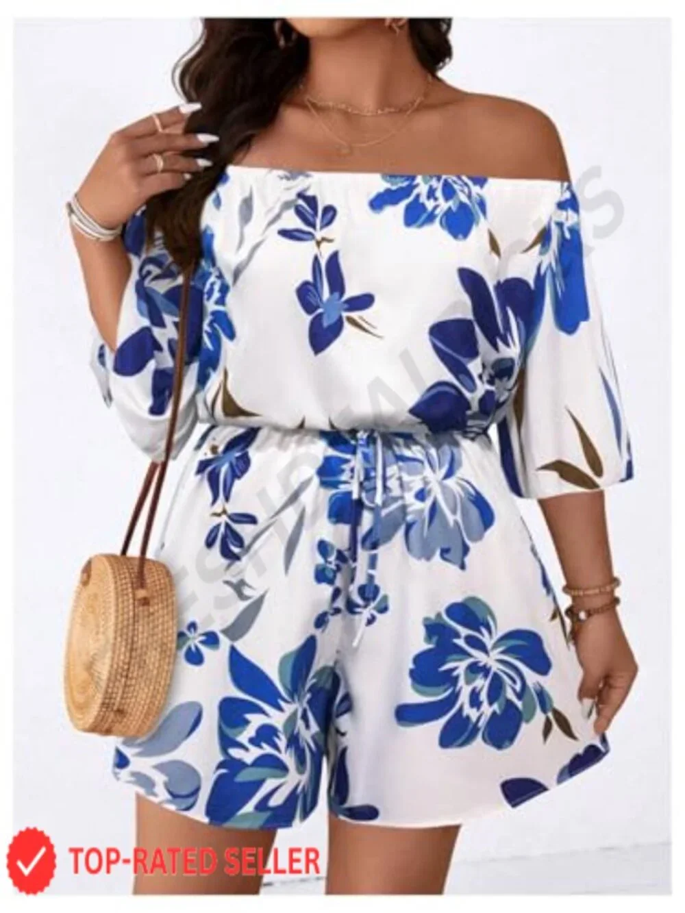 Plus Size Floral Off Shoulder Romper Wide Leg Short Jumpsuit Vacation